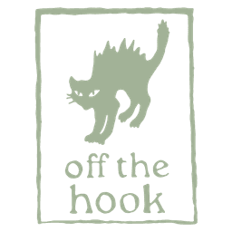 logo illustré vert sauge avec un chat aux poils hérissés dans un style linogravure, titre off the hook en typo type machine à écrire, cadre dessiné